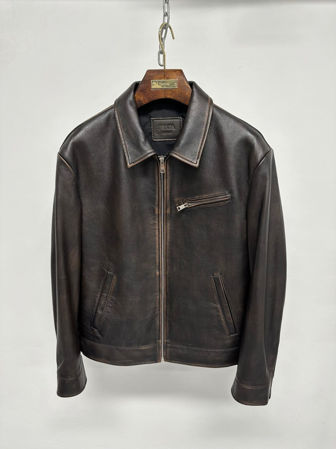 Prada Men's Autumn and Winter Solid Color Fit Lapel Zipper Long Sleeve Leather Jacket #73774
