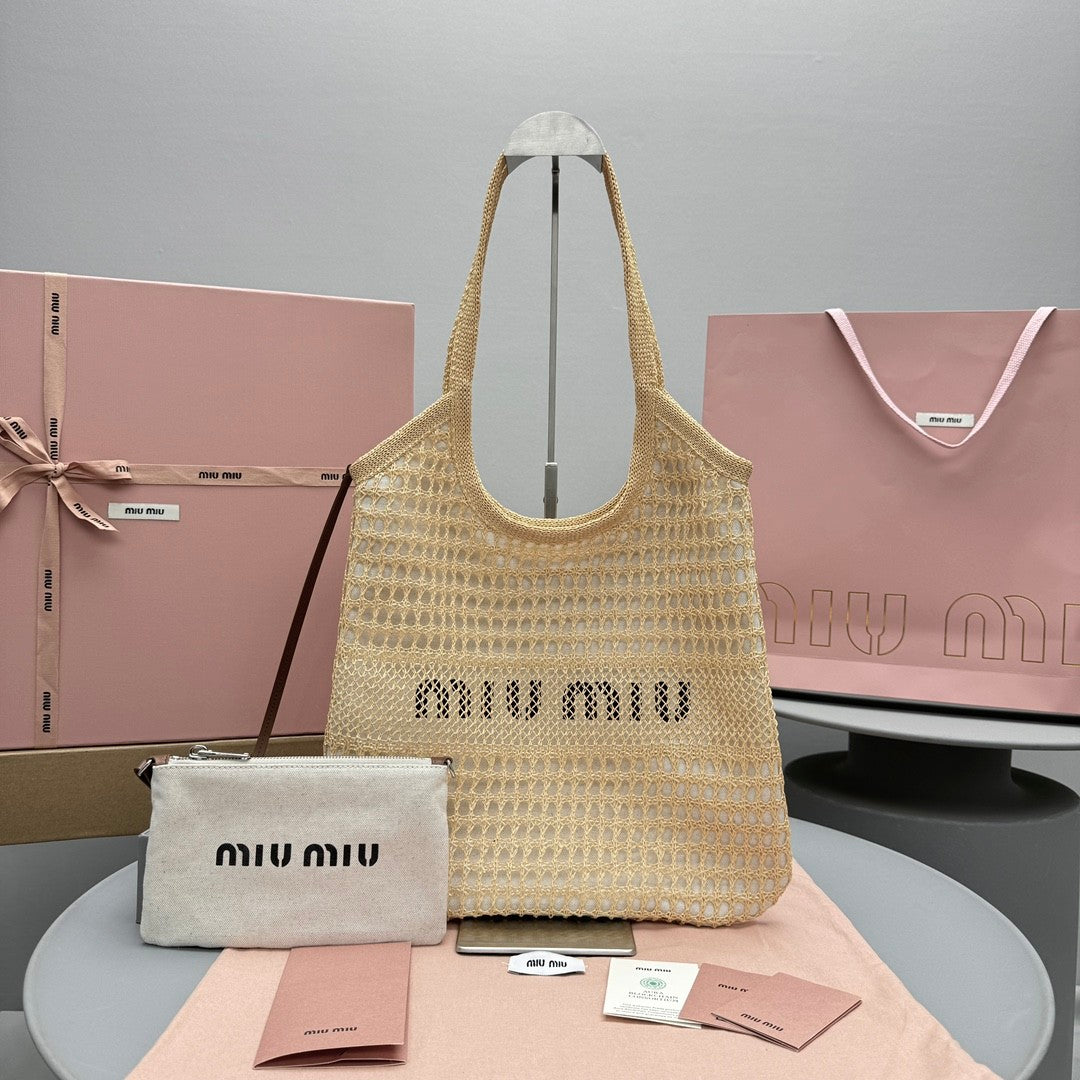 MiuMiu IVY Raffia Women's Solid Color Linen Woven Mesh Letter Print Shopping Bag Shoulder Bags #77355