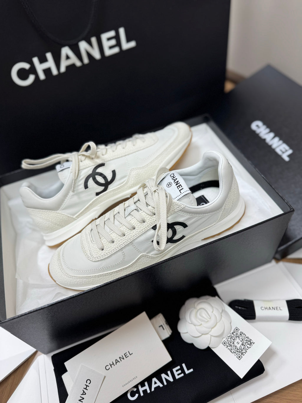 CHANEL Trainers Fabric Embossed Suede Calfskin White Black #381215