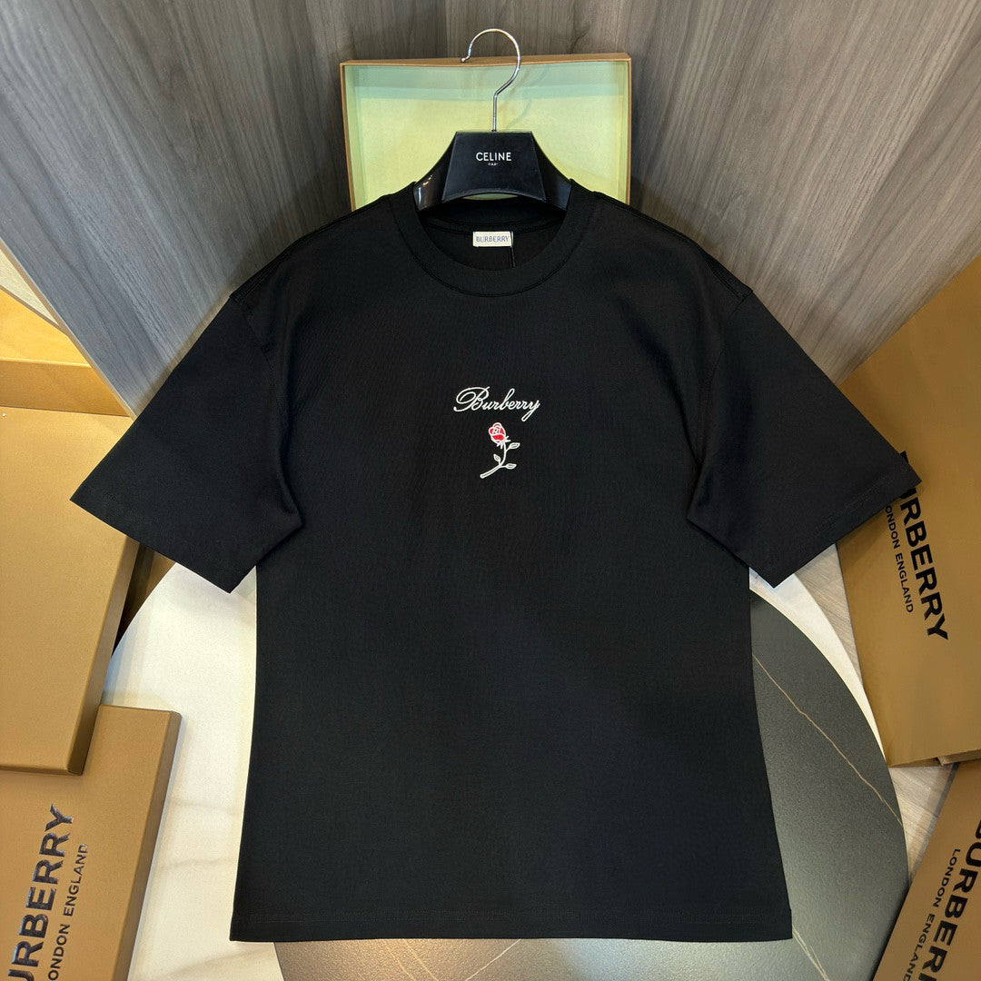 Burberry Men's Women's Summer Letter Floral Embroidery Cotton Round Neck Solid Color Short Sleeve T-Shirt #76328