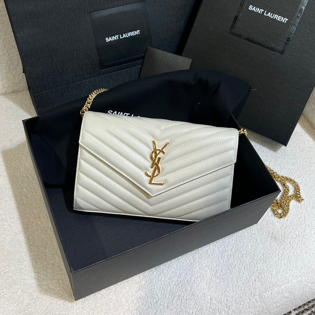 Saint Laurent Women's Classic Fashion Classic Cassandre Chain Wallet In Grain De Poudre Leather Logo Gold Chain Leather Shoulder Bag Crossbody Bag Bags Accessories 377828BOW021000 #78166