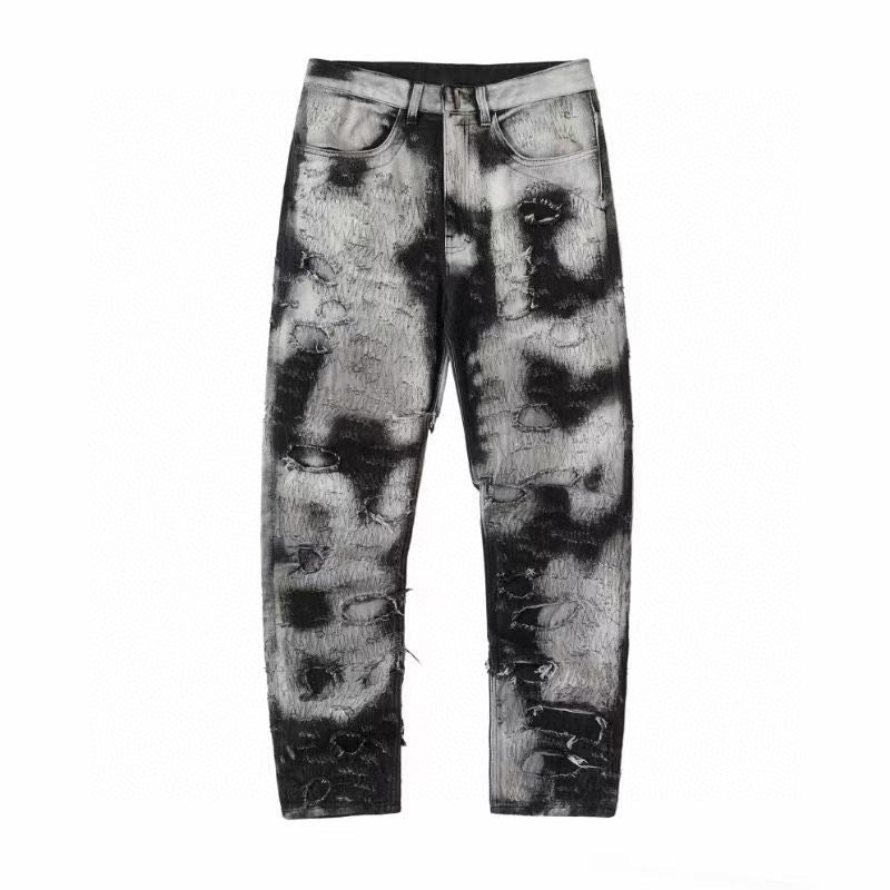 Givenchy Men's Cotton Black and White Fashion Embroidered Washed Destroyed Denim Trousers Ngvp #7769