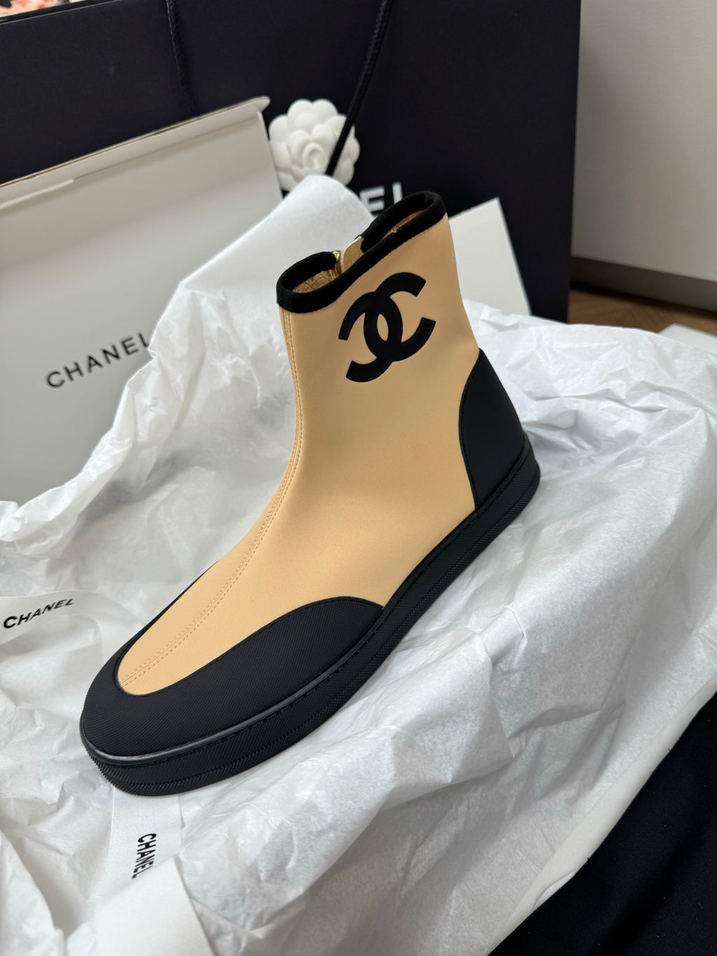 CHANEL Short Boots Mixed Fibers Rubber Beige Black #387573