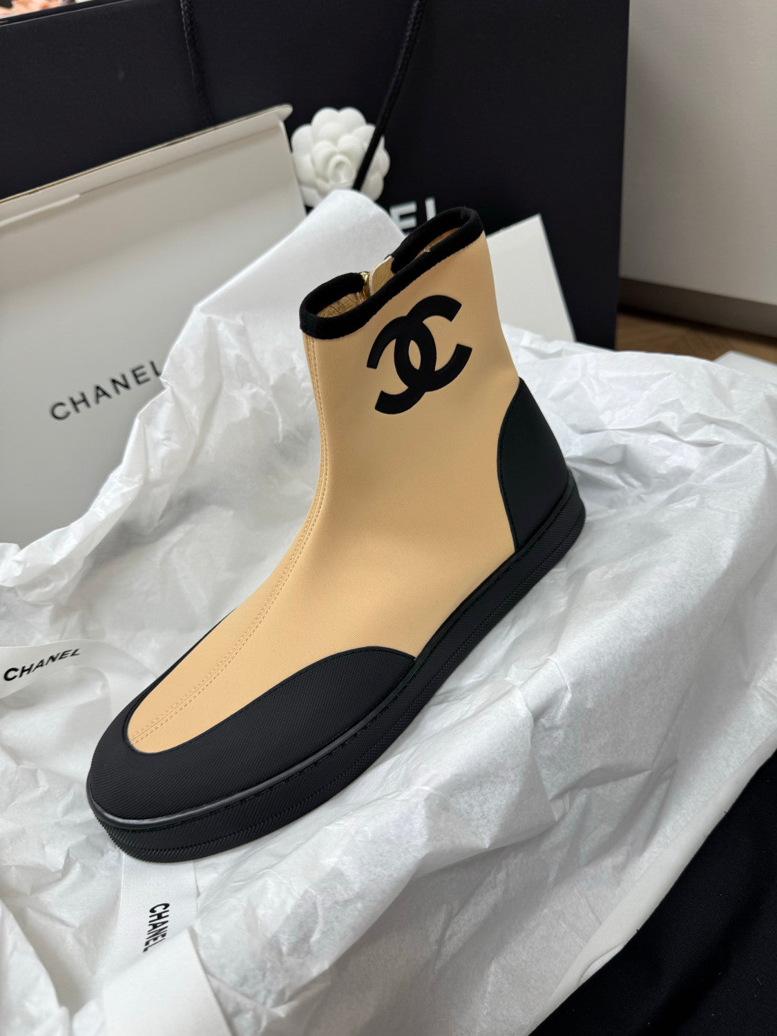 CHANEL Short Boots Mixed Fibers Rubber Beige Black #387573