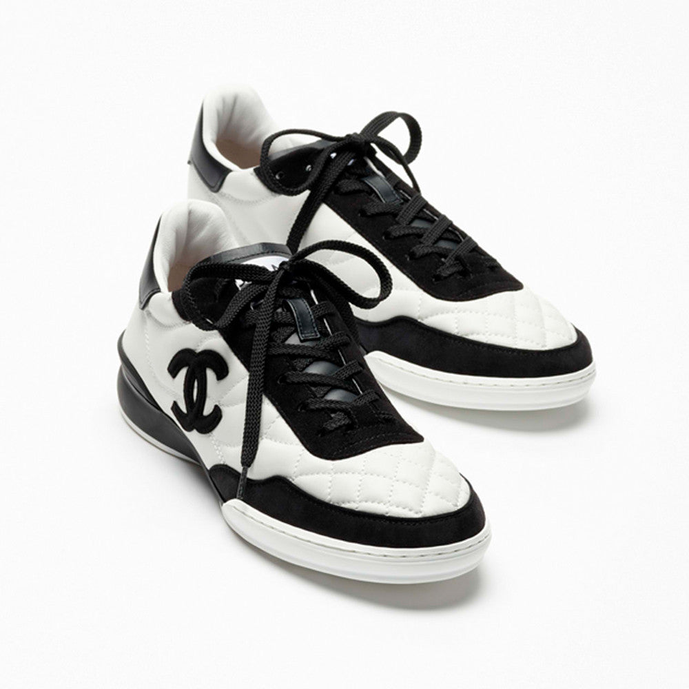 Chanel Trainers Calfskin Suede Kidskin White Black #377371
