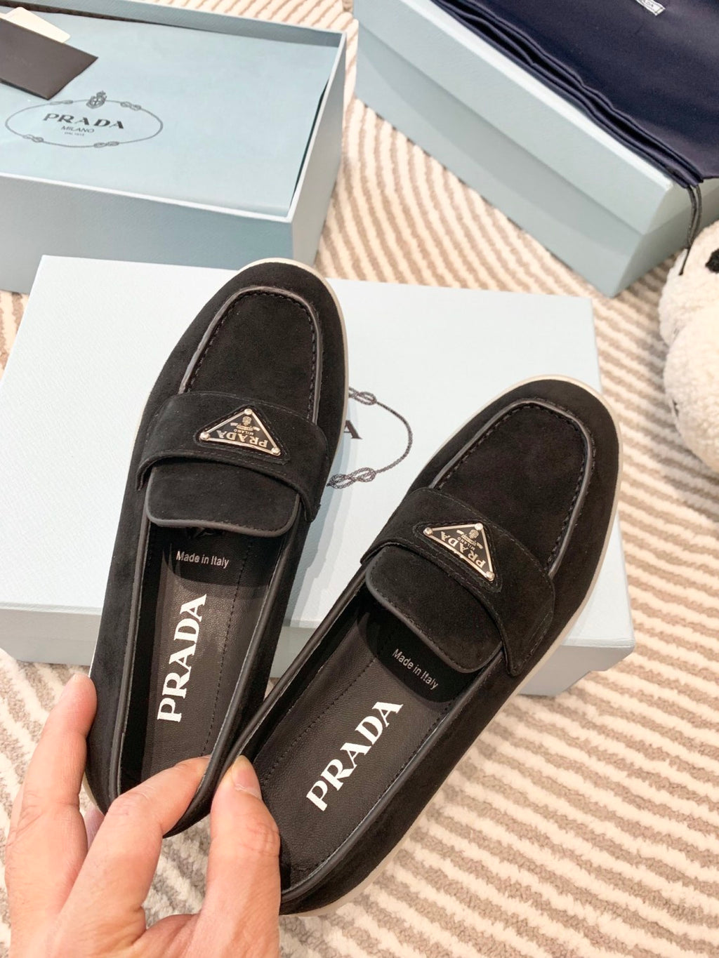 Prada Men's And Women's Spring/Summer Solid Color Fashionable Casual Round Toe Slip On Loafers In Cow Suede With Triangular Logo Shoes #78267