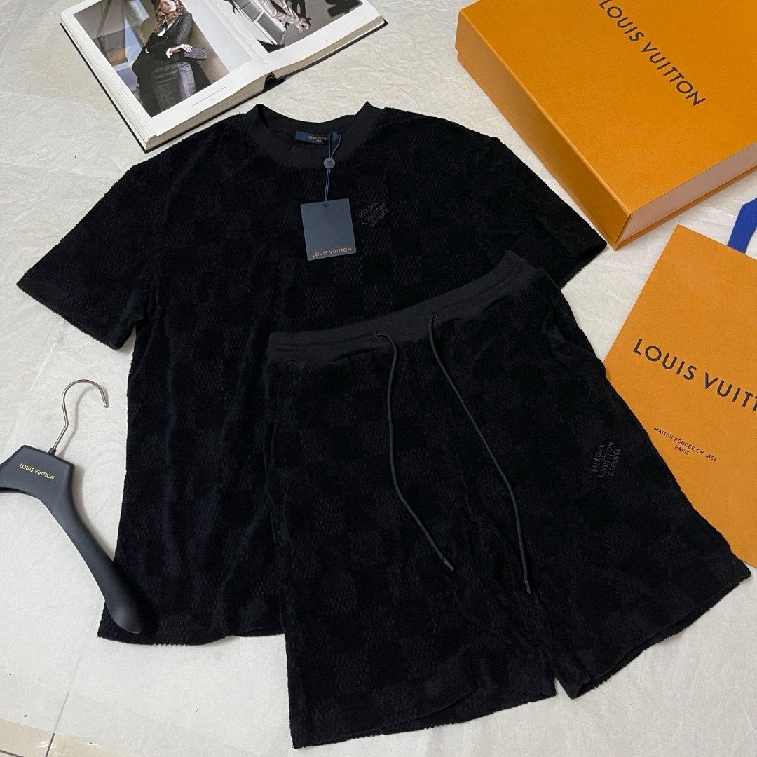 Louis Vuitton Men's Summer Black Embroidered Logo Printed Cotton Short Sleeve T-Shirt Casual Shorts Set Suit #73129