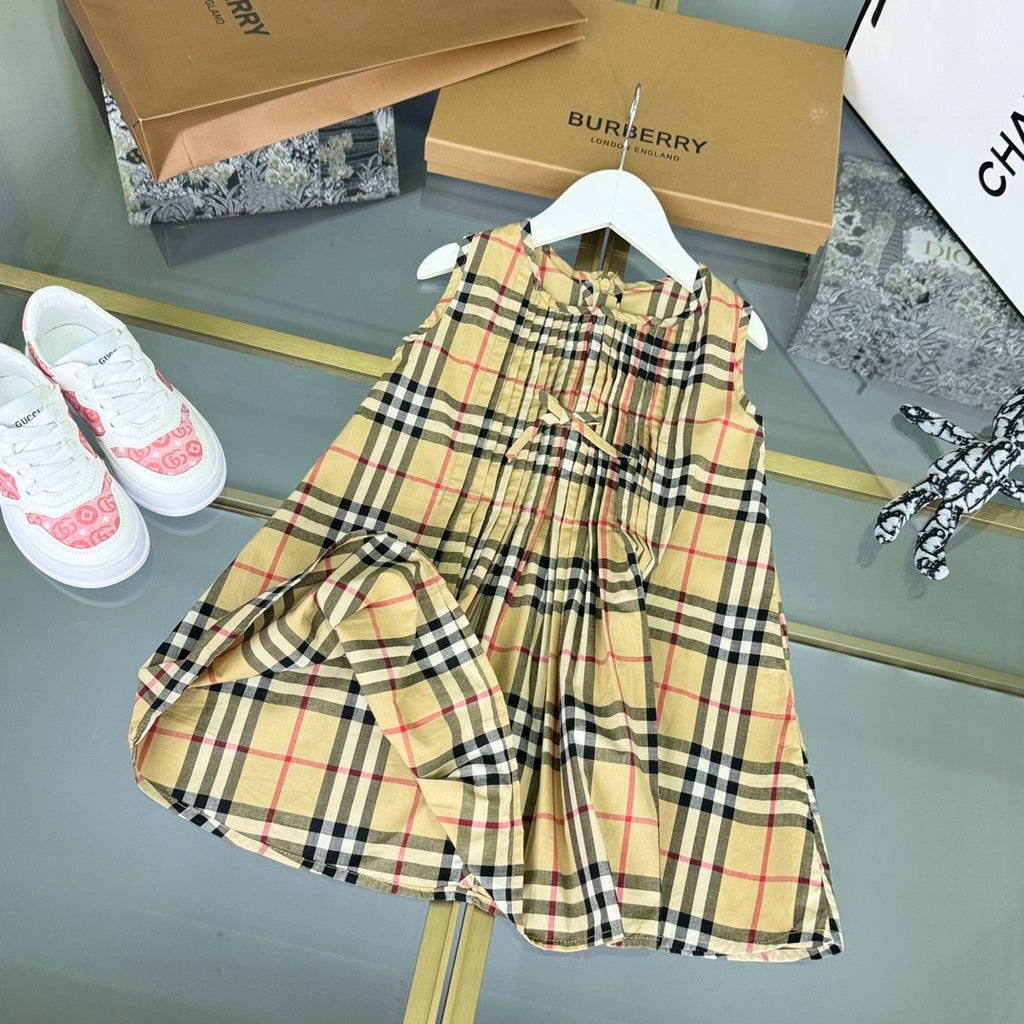 Burberry Kid's Summer Plaid Full Print Cotton Round Neck Short Pleated Sleeveless Dress #31313