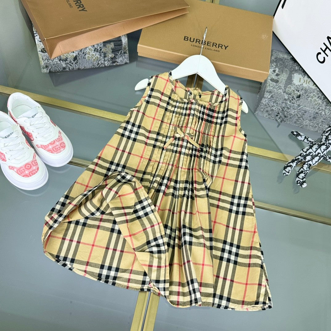Burberry Kid's Summer Plaid Full Print Cotton Round Neck Short Pleated Sleeveless Dress #31313