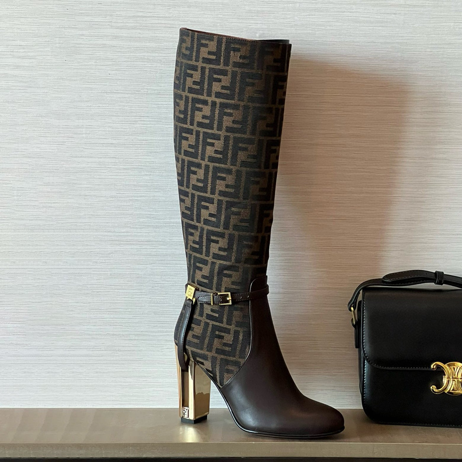 Fendi Women's Fall/Winter Fashion Classic Round Toe Leather FF Jacquard Fabric High Heel Knee High Boots Shoes #79223