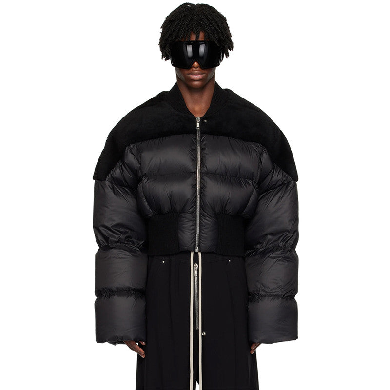 Rick Owens Men's Dark Style Short Splicing Puffer Down Jacket Autumn And Winter Solid Color Zipper Collarless Jacket #81336