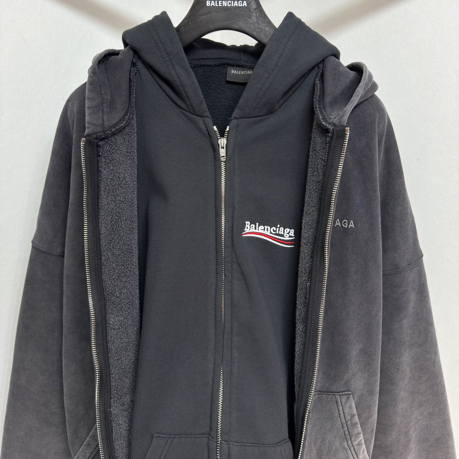 Balenciaga Men's Layered Zip-up Hoodie in Faded Black #336823