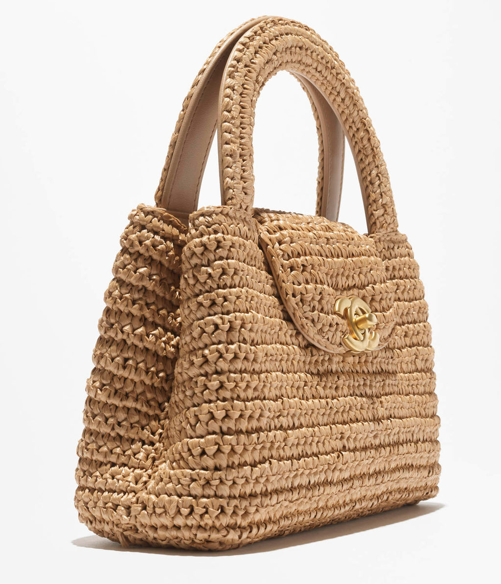 Chanel Mini Shopping Bag Braided Raffia Gold Tone Metal Dark Beige Stylish Knitted Clutch Bag Exquisite Handbag  #82382A