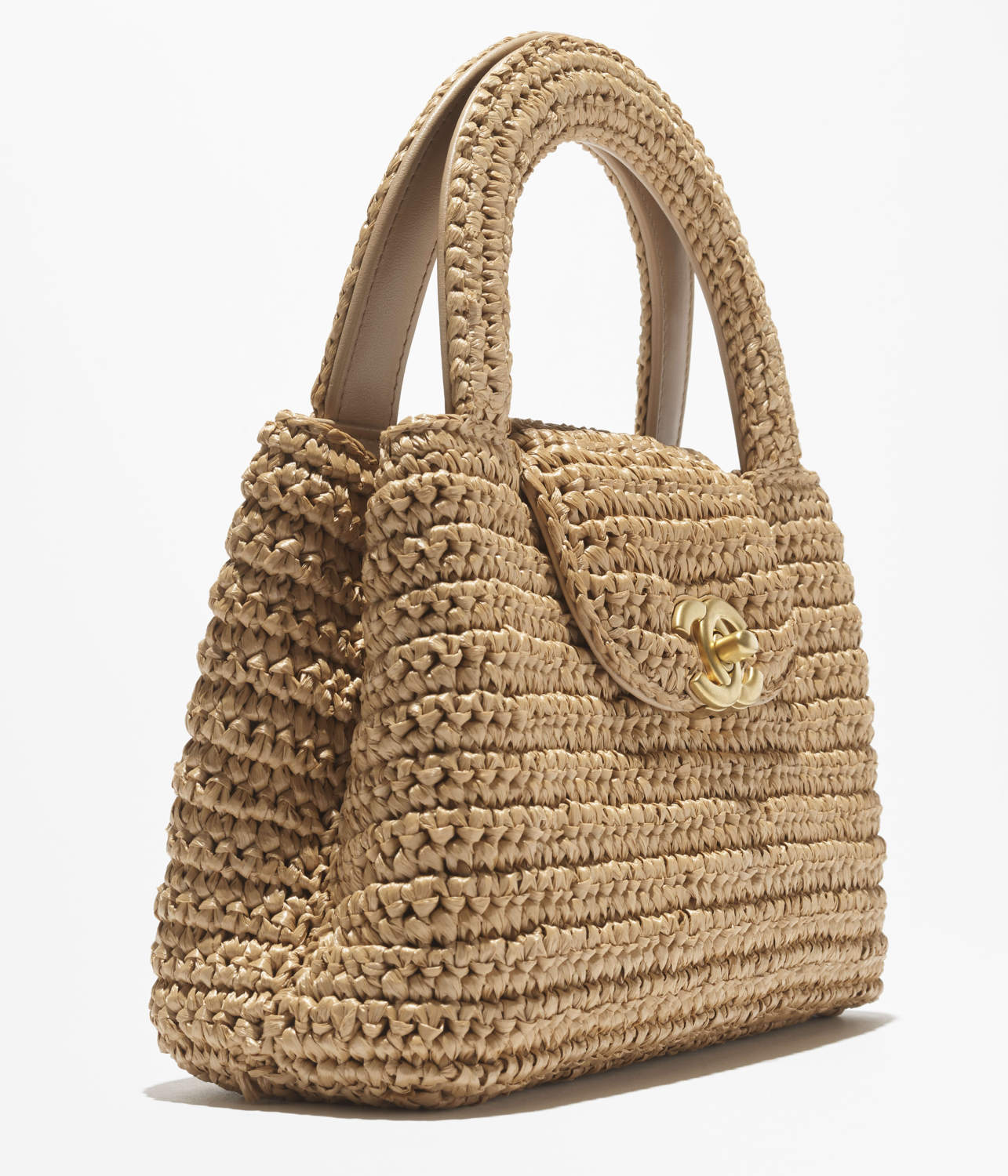 Chanel Mini Shopping Bag Braided Raffia Gold Tone Metal Dark Beige #335258