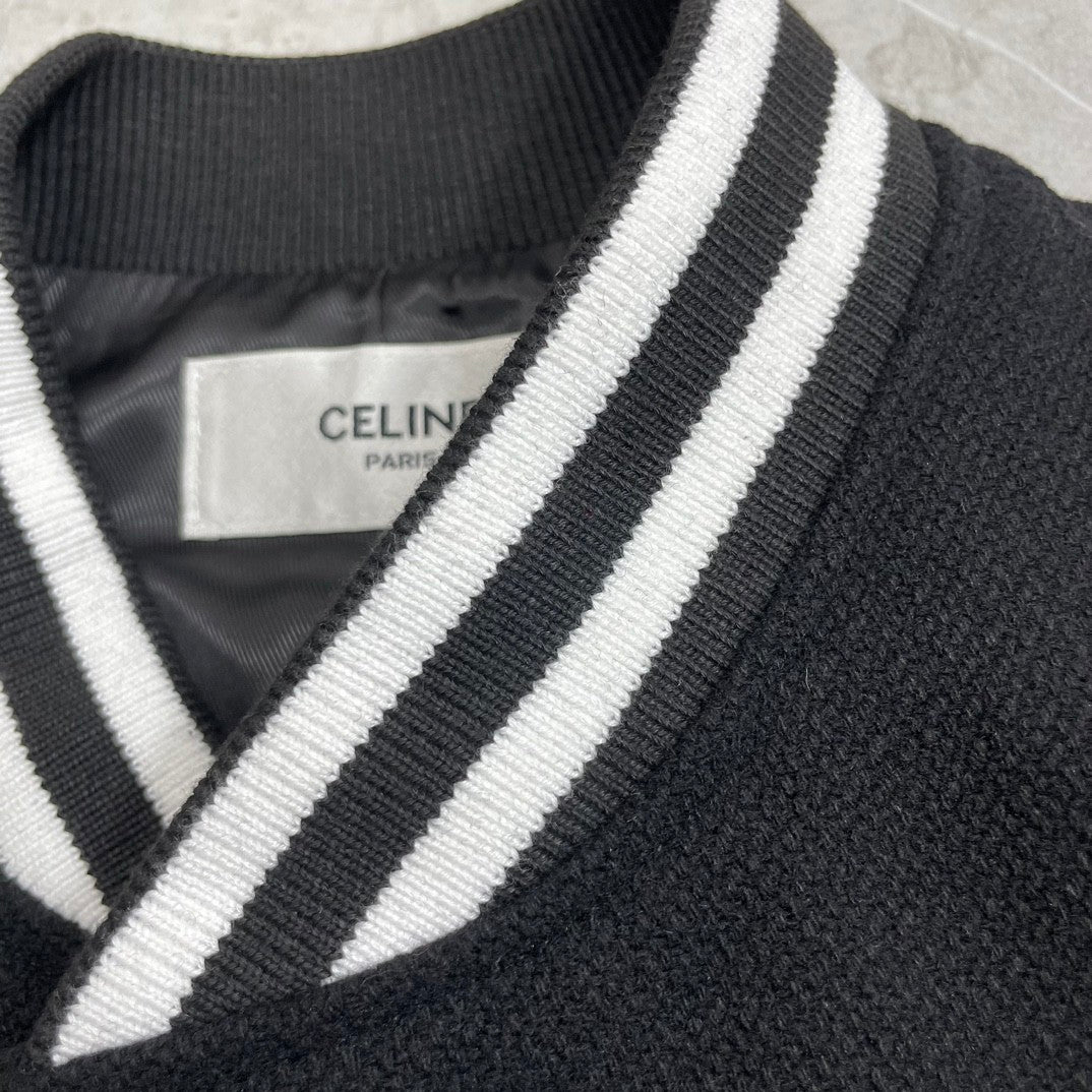 Celine Men's Spring And Autumn Jackson Textured Wool Baseball Patchwork Leather Single Breasted Long Sleeve Jacket Ngvp #1249