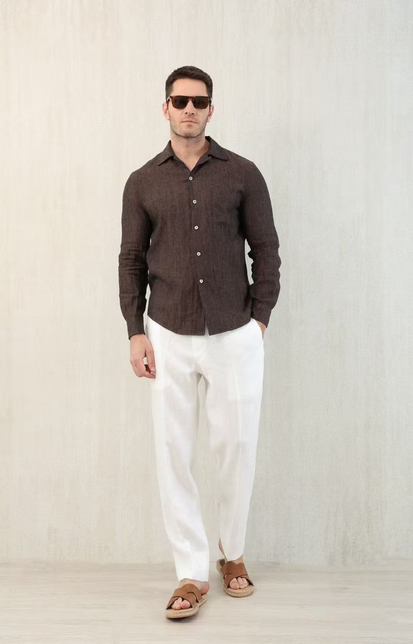Brunello Cucinelli Men's Linen Easy Fit Shirt with Camp Collar and Chest Pocket Spring And Autumn Solid Color Long Sleeve Top Ngvp #1455