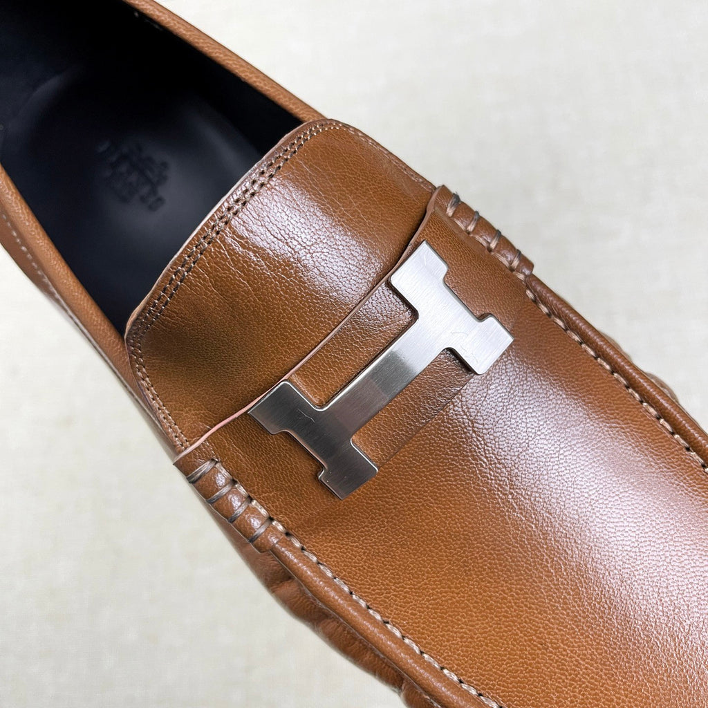 Hermes Men's Fall/Winter Fashion Classic Solid Color Leather Round Toe Slip On Logo Low Top Flat Leather Shoes #78922