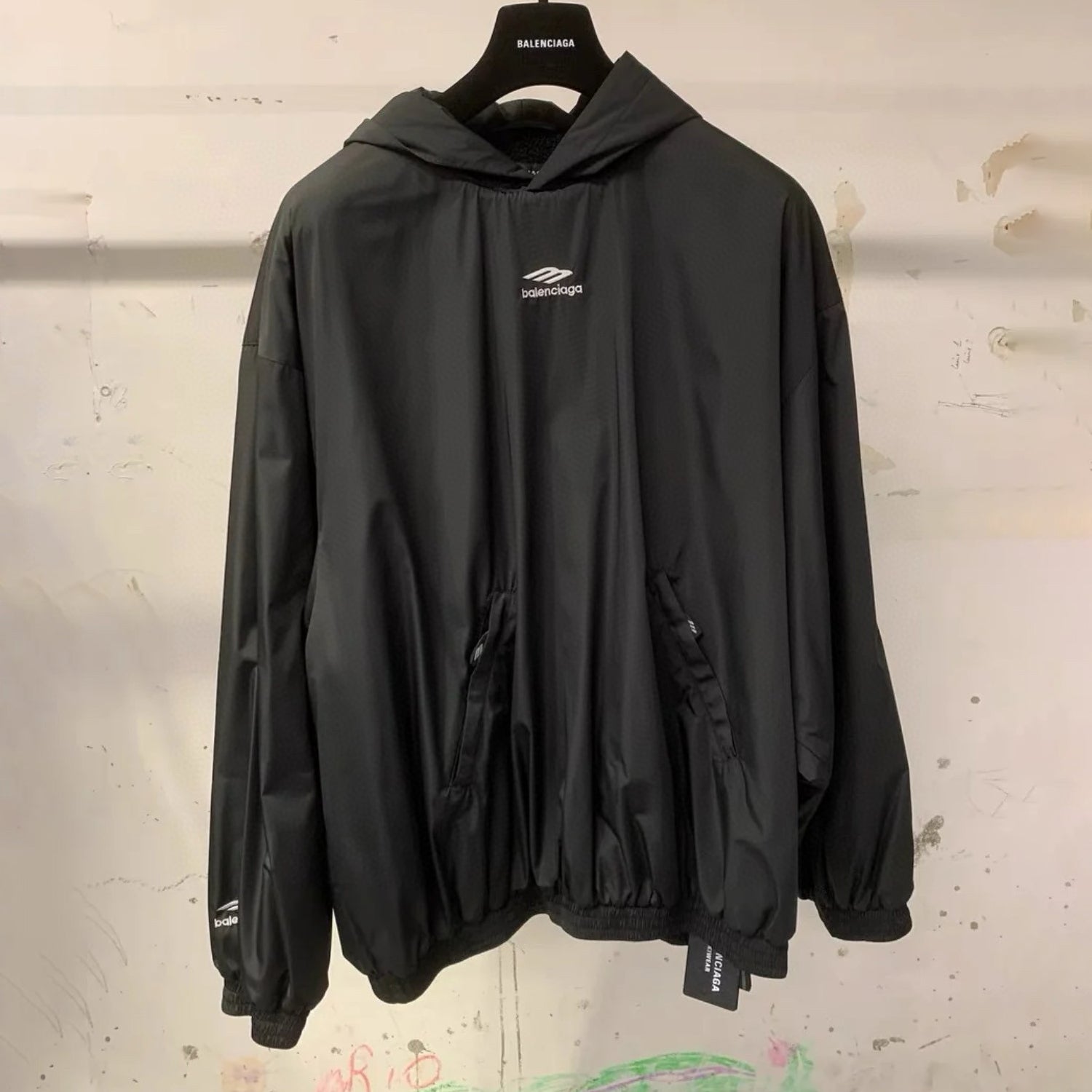 Balenciaga Men's Black Spring and Fall Logo Embroidered Printed Hooded Parker Ski Sweatshirt #75147