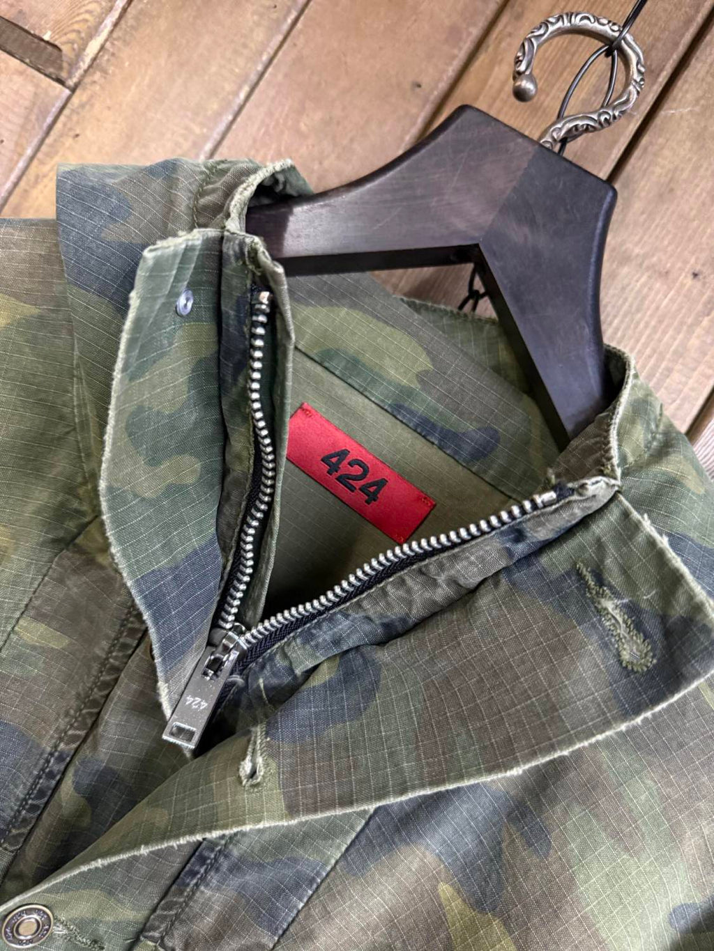 424 Men's Spring and Autumn Camouflage Aged Raw Edge Hooded Zipper Long Sleeve Jacket #73827