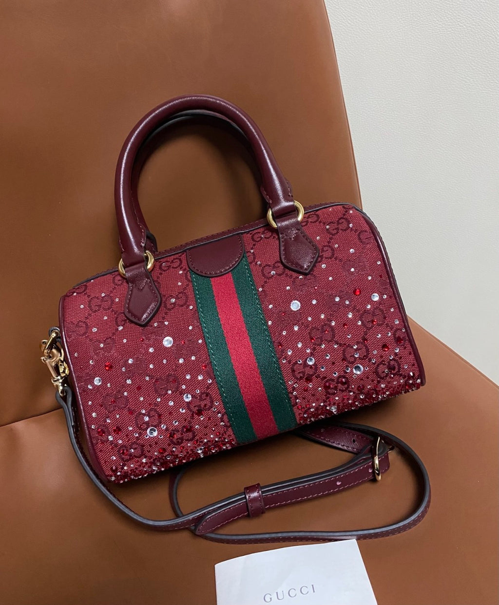GUCCI Ophidia crystals small boston bag in Rosso Ancora red GG canvas #335872