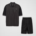 Prada Men's Summer Black Re-Nylon Detail Beaded Georgette Polo Shirt Short Sleeve Tee Striped Printed Bermuda Shorts Set Suit #99561