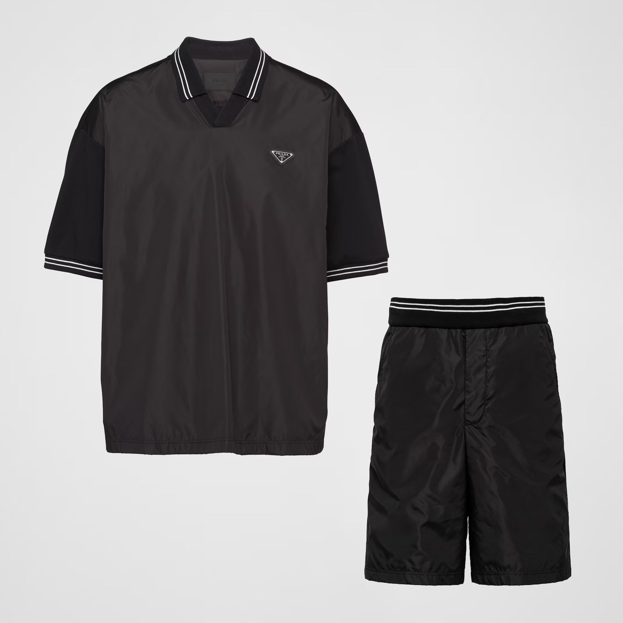 Prada Men's Summer Black Re-Nylon Detail Beaded Georgette Polo Shirt Short Sleeve Tee Striped Printed Bermuda Shorts Set Suit #99561