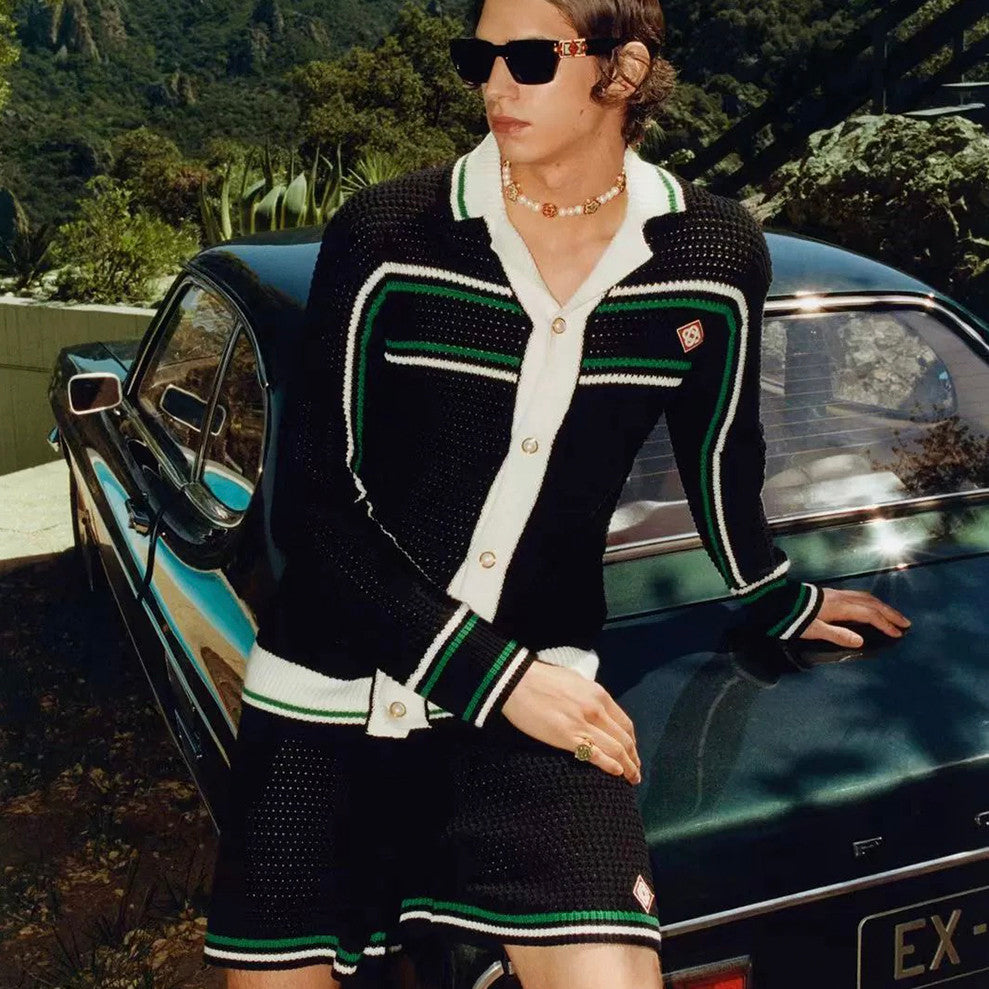 Casablanca Men's Spring And Summer Knitting Stripes Color Blocking Long-sleeved Knitted Sweater Single-breasted Cardigan Casual Knitted Shorts Set  #71324