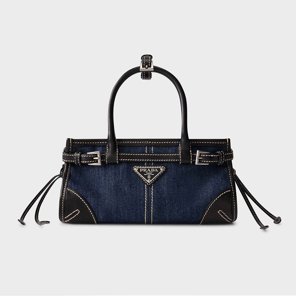 PRADA Women's Bonnie French Triangle Metal Logo Classic Versatile Mixed Materials Handbag Mini Women's Blue And Brown #332335