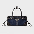 PRADA Women's Bonnie French Triangle Metal Logo Classic Versatile Mixed Materials Handbag Mini Women's Blue And Brown #332335