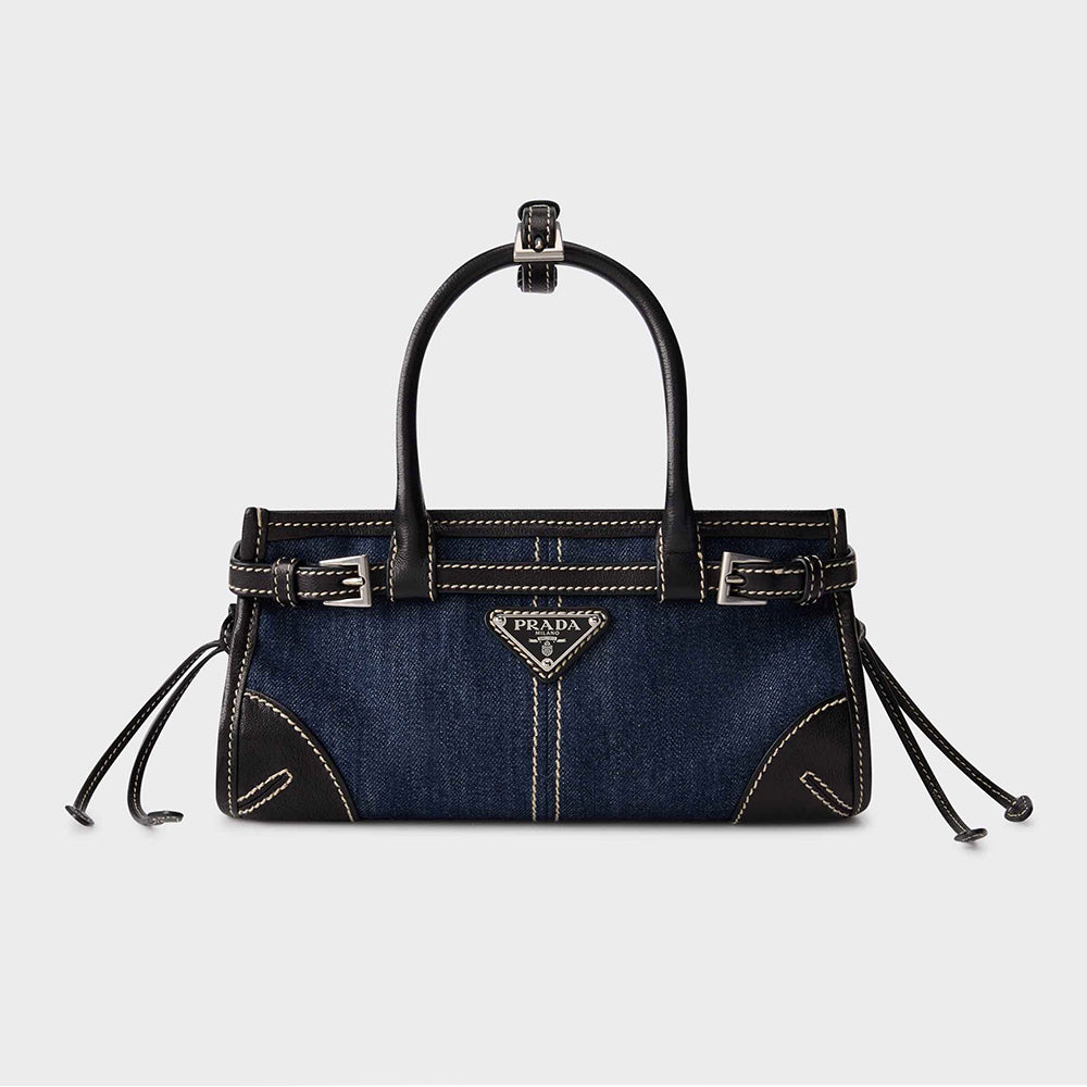 PRADA Women's Bonnie French Triangle Metal Logo Classic Versatile Mixed Materials Handbag Mini Women's Blue And Brown #332335