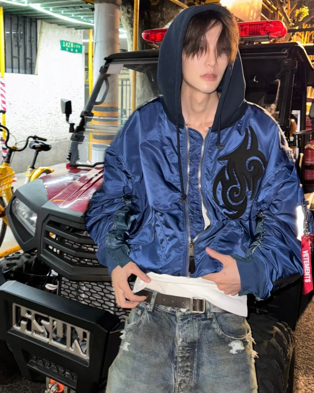 Vetements Men's Autumn And Winter Blue Hooded High Street Cotton Jacket Fashion Retro Trend Applique Zip Jacket Ngvp #9939
