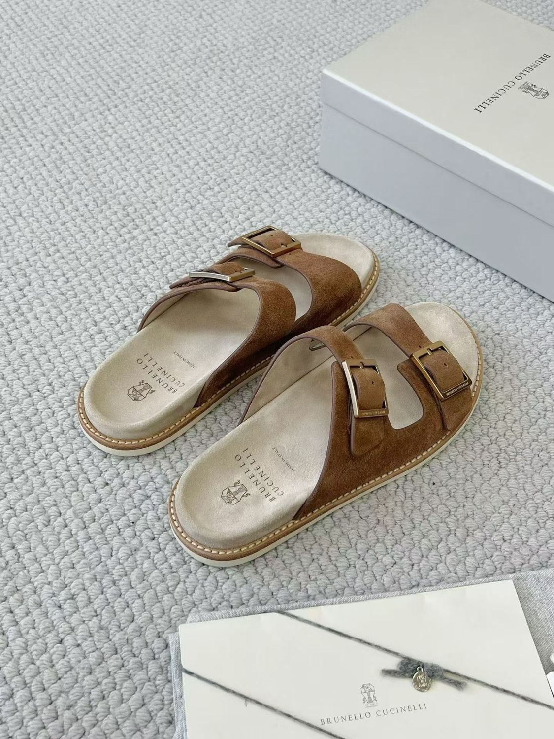 Brunello Cucinelli Suede slides with buckles for Man in Hazelnut