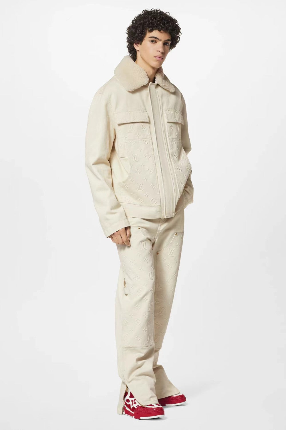 Louis Vuitton Men's Autumn and Winter Solid Color Letter Printed Cashmere Wool Collar Pocket Jacket Slim Straight Pants Suit Set #72811