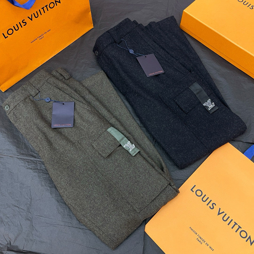 Louis Vuitton Men's Solid Color Mid Waist Side Pocket Straight Fitting Wool Workwear Pants #98294