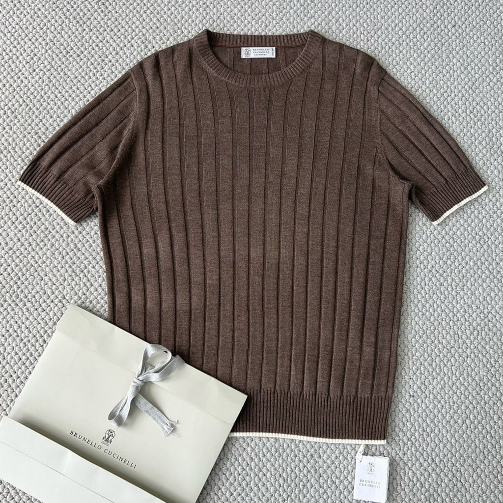 Brunello Cucinelli Spring And Summer Men's Flat Ribbed Linen And Cotton Knitted T-Shirt Fashion Trend Casual Comfortable Round Neck T-Shirt Ngvp #1348