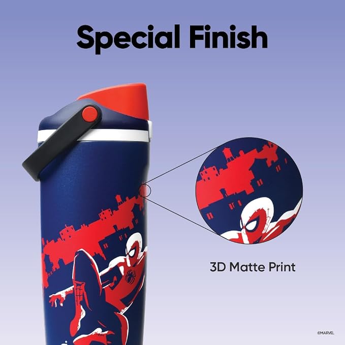Owala Spider-Man FreeSip Sway Insulated Stainless Steel Water Bottle with Two-Way Spout. Built-in Straw and Bucket Handle. Suitable for School and Sports. 30 oz (approx. 850.5 g). BPA-Free. Leak-Proof. Swing