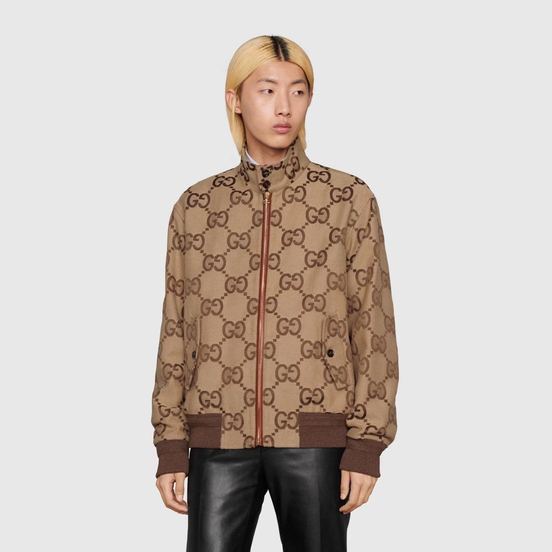 Gucci Men's Spring And Autumn GG Full Print Canvas Long Sleeve Standing Collar Fit Solid Color Jacket #5161