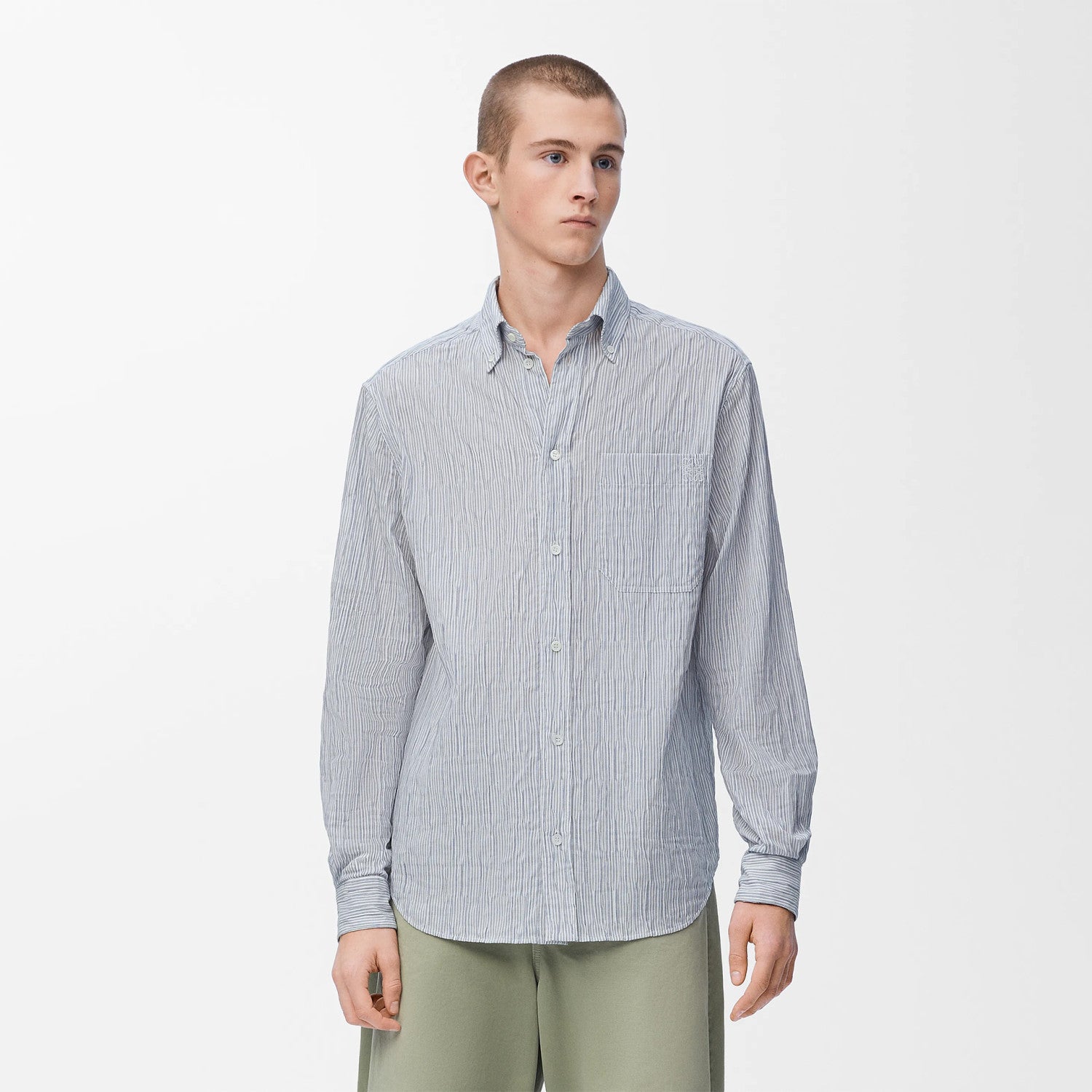 Loewe Men's Spring/Autumn Striped Wavy Texture Embroidered Solid Color Cotton Blend Solid Color Long Sleeve Shirt #81463