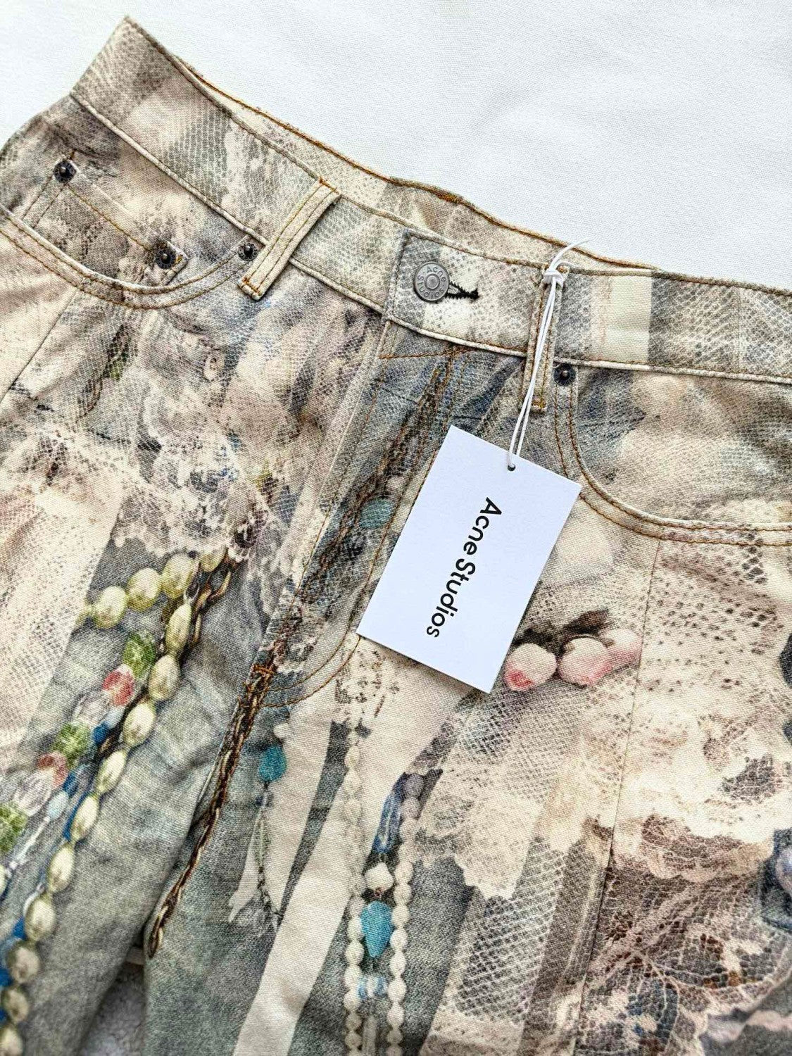 Acne Studios Men's & Women's Lace Pearl Chain 3D Print Four-Season Relaxed Mid-Rise Straight-Leg Curved Hem Denim Pants #81549