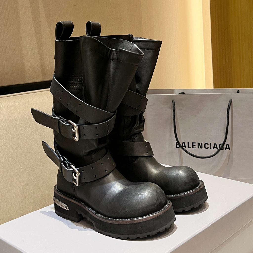 Balenciaga VENOM Men's  Fall/Winter Fashion Solid Color Round Toe Slip On Leather Buckle Fastened Knee High Boots Shoes #78771
