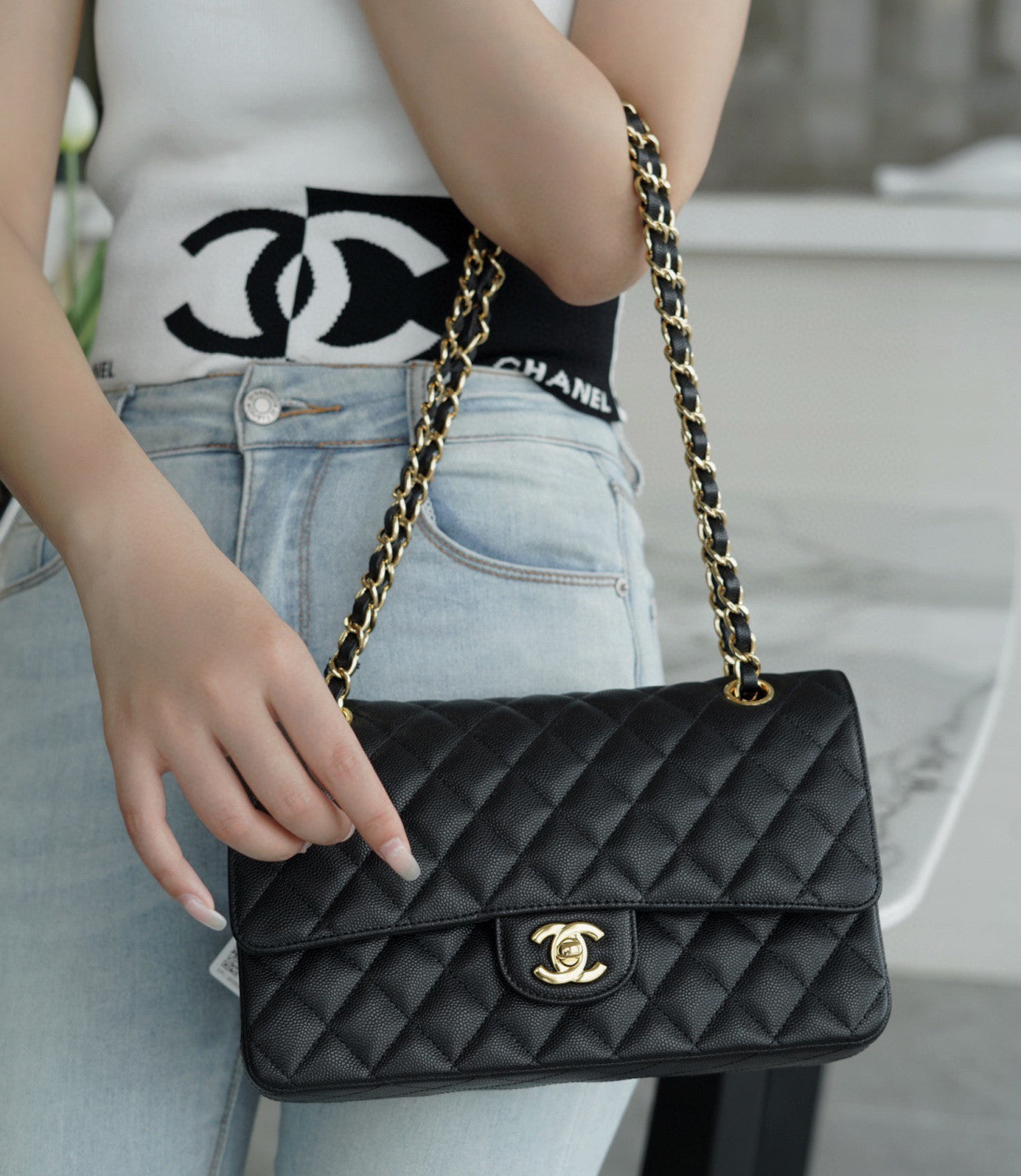Chanel Women Classic Flap Solid Color Particle Embossed Calfskin Chain Bag Mouth Cover Bag Casual Shoulder Bags CF #71675