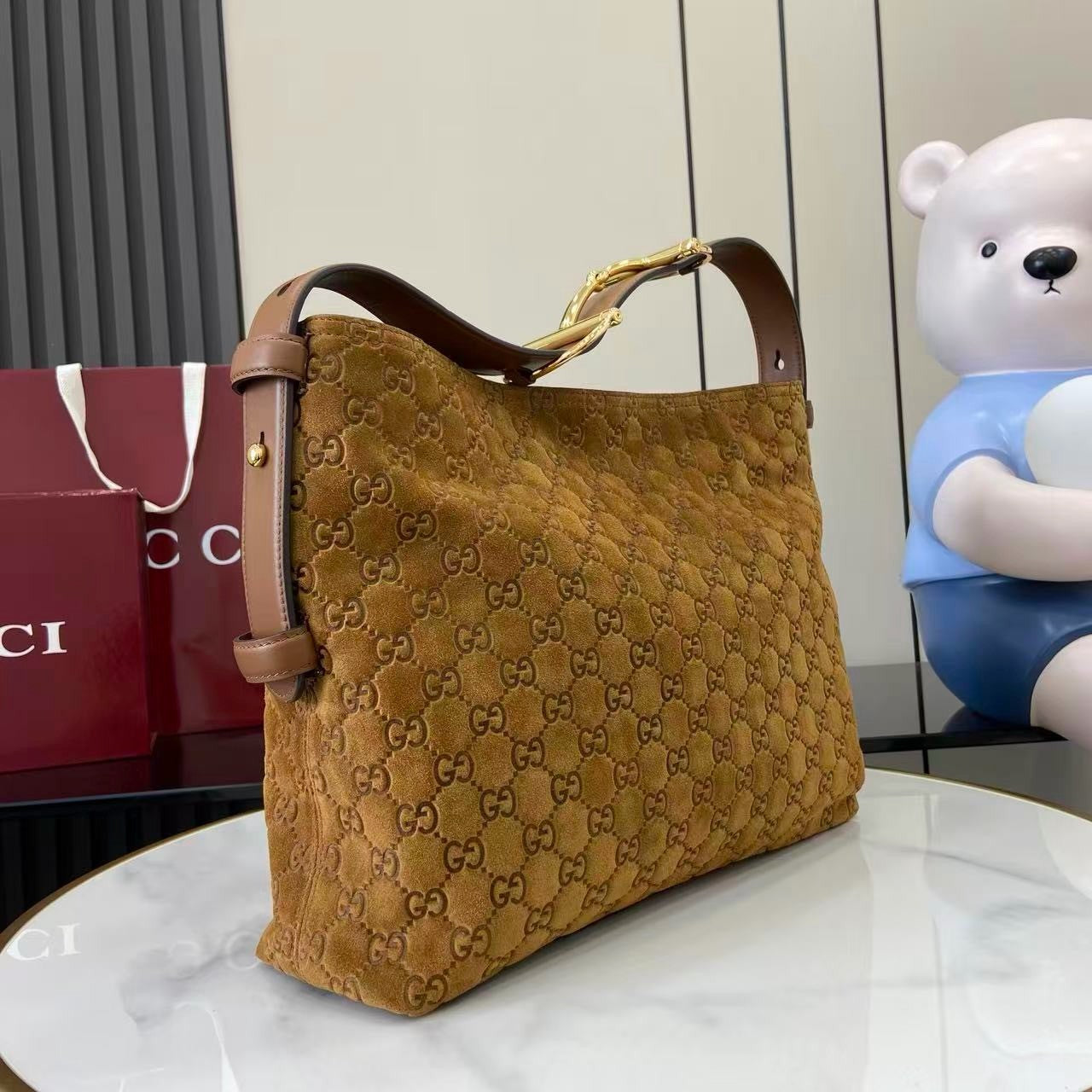 Gucci Beatrix Large Tote Bag Brown Gg Suede Material Gold Horseneck Buckle Shoulder Backpack Exquisite And Elegant Women's Bags #193451