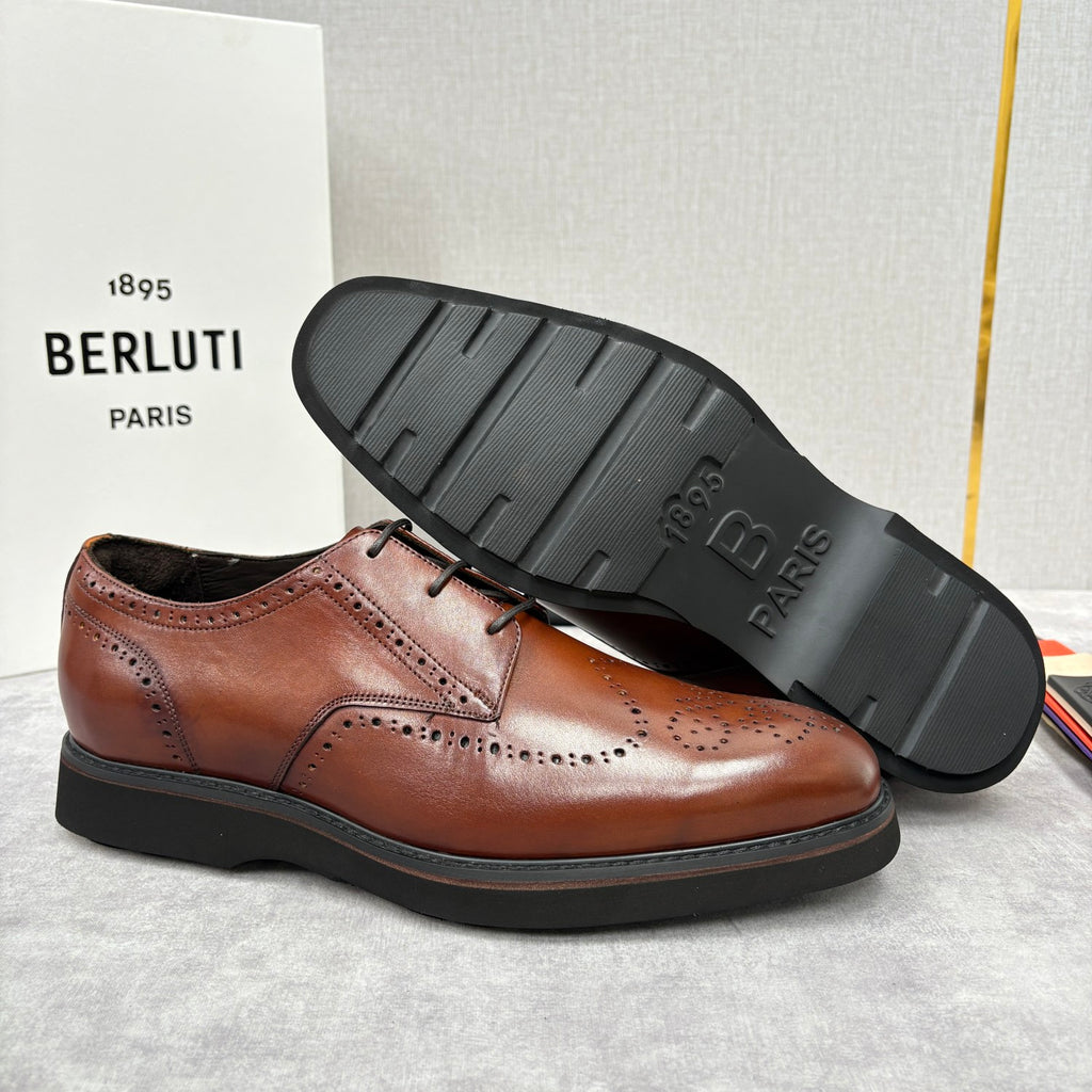Berluti Alessio Natural Men's Spring/Fall Fashion Classic Leather Brogue Oxford Shoes with Thick Rubber Sole Calfskin Derby Shoes #78573
