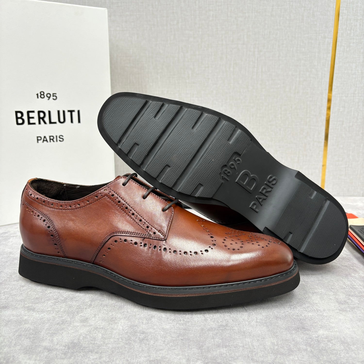 Berluti Alessio Natural Men's Spring/Fall Fashion Classic Leather Brogue Oxford Shoes with Thick Rubber Sole Calfskin Derby Shoes #78573
