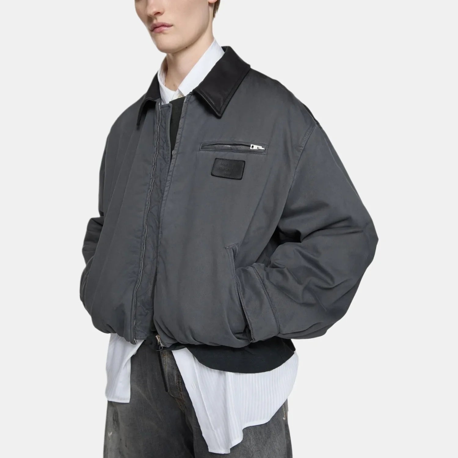 Acne Studios SS25 Men's and Women's Barn Logo Patch Fitted Zip Off Shoulder Long Sleeve Bomber Jacket #332324
