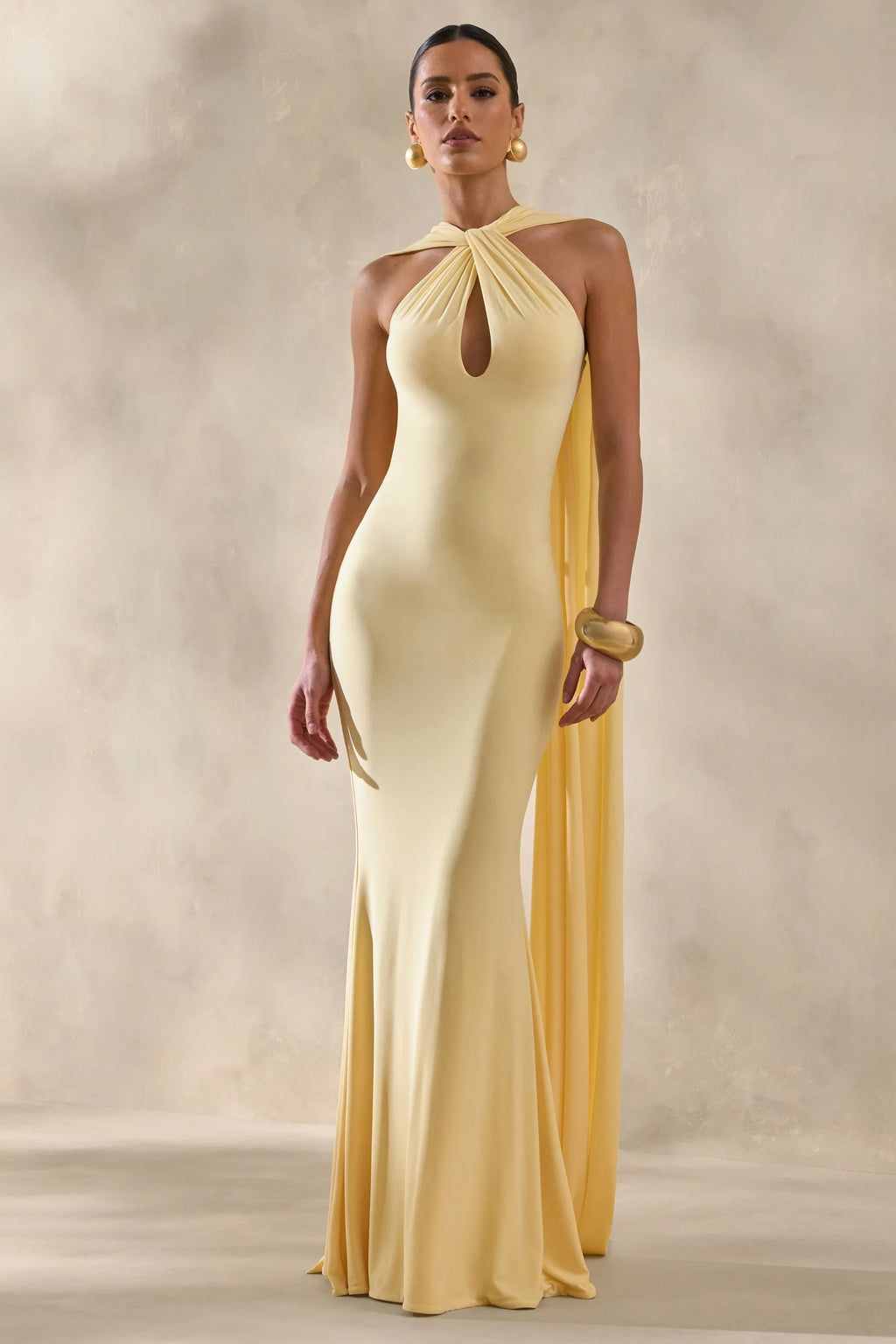 Rhoda | Lemon Twist Halter-Neck Cape Maxi Dress
