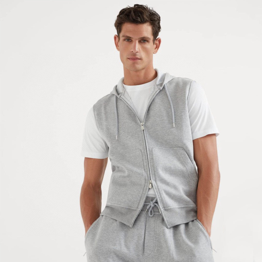 Brunello Cucinelli Men's Spring And Autumn Solid Color Zipper Drawstring Cotton Hooded Vest Casual Tie Shorts Ngvp #9218