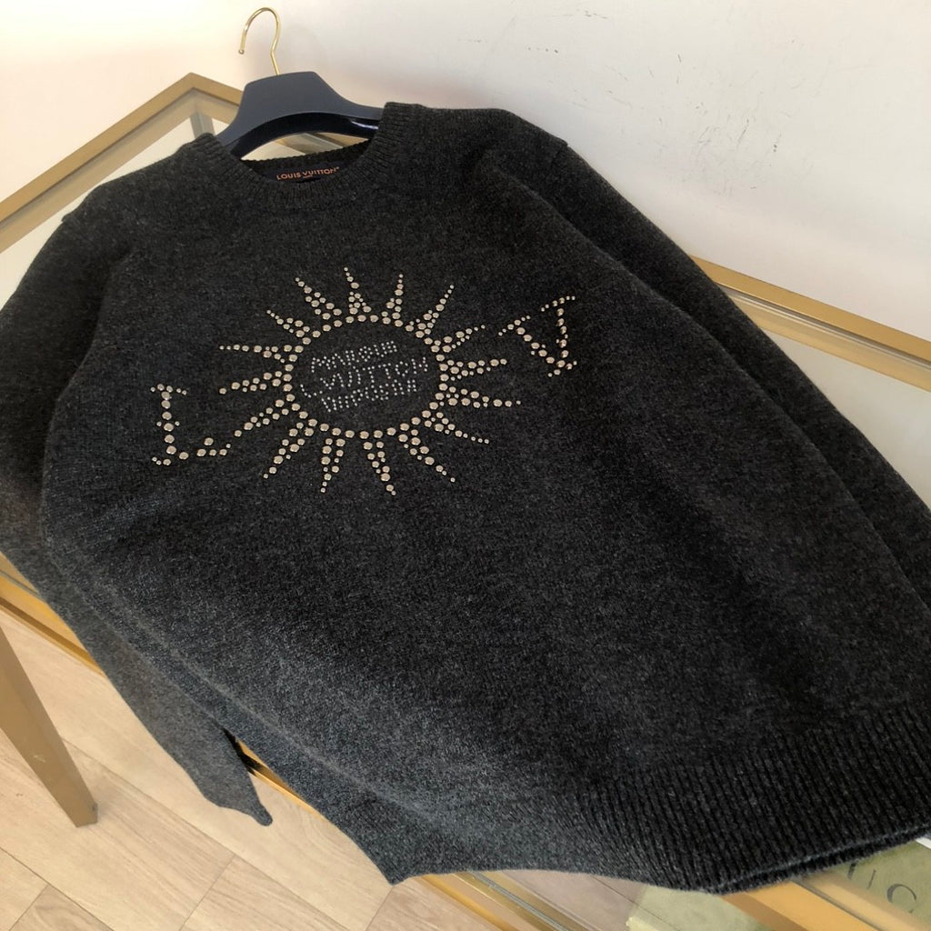 Louis Vuitton Men's Spring and Autumn Black Beaded Logo Geometric Print Round Neck Long Sleeve Sweater Pullover #72971