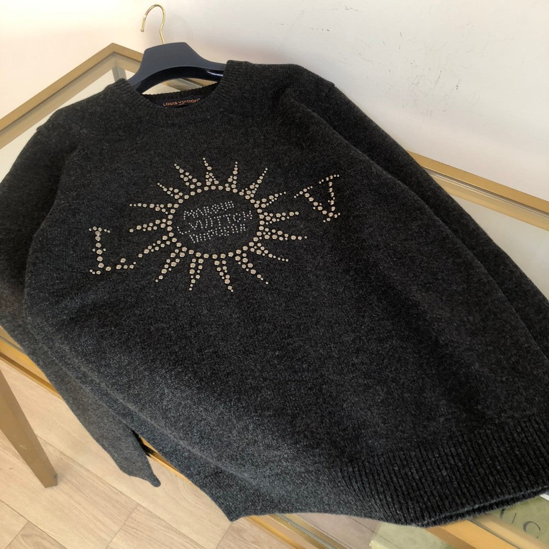 Louis Vuitton Men's Spring and Autumn Black Beaded Logo Geometric Print Round Neck Long Sleeve Sweater Pullover #72971