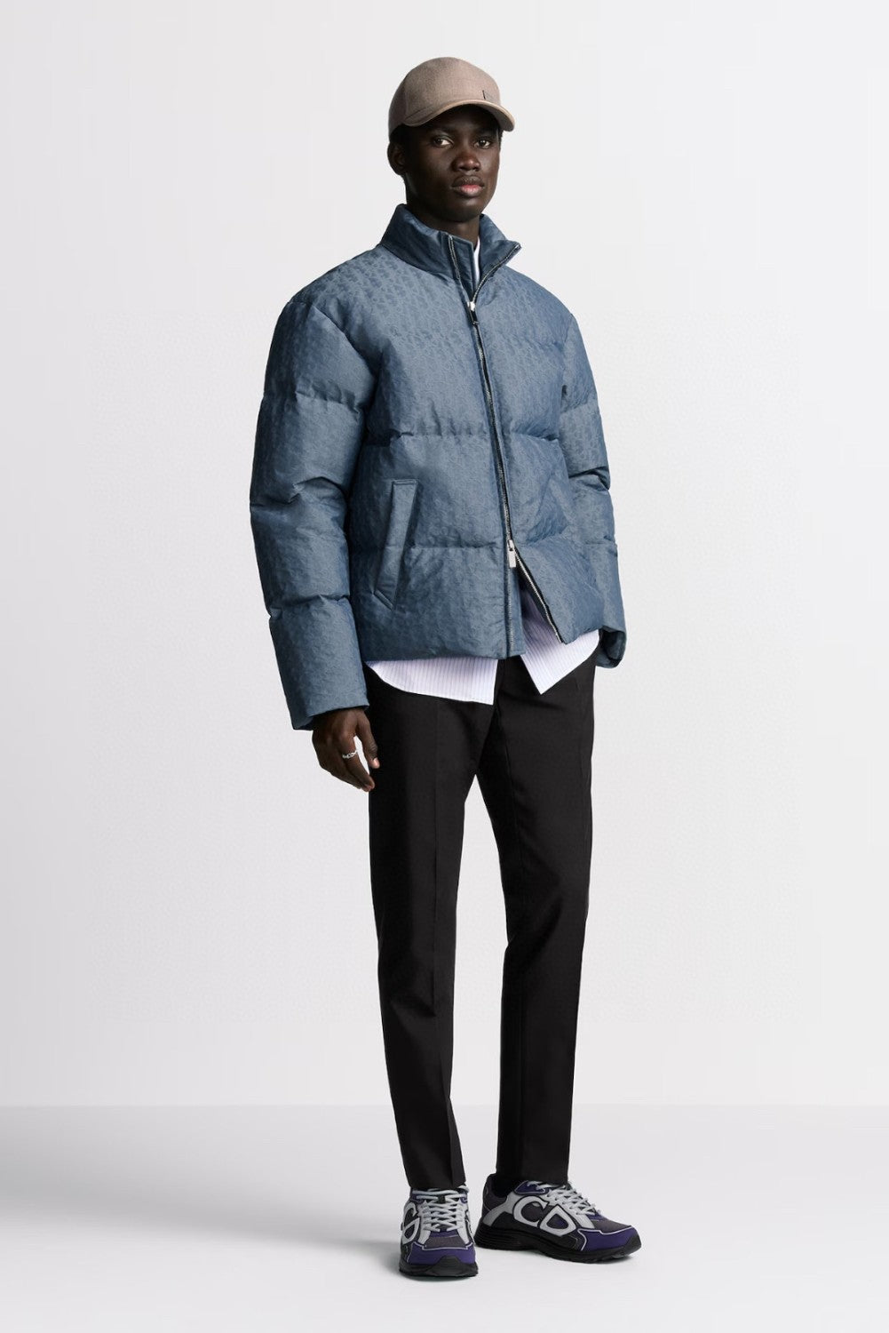 Dior Men's Fall And Winter Blue Dark Logo Print Lapel Single Breasted Long Sleeved Puffer Down Jacket #74511
